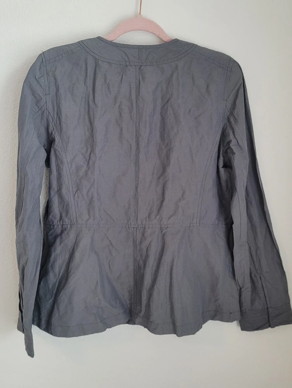Eileen Fisher Grey Cotton Metallic Zip Front Light Jacket Collarless Utility M